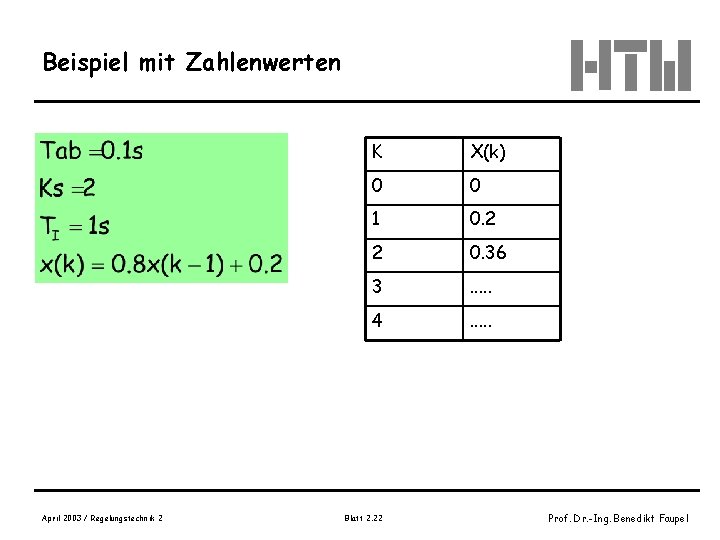 Beispiel mit Zahlenwerten April 2003 / Regelungstechnik 2 K X(k) 0 0 1 0.