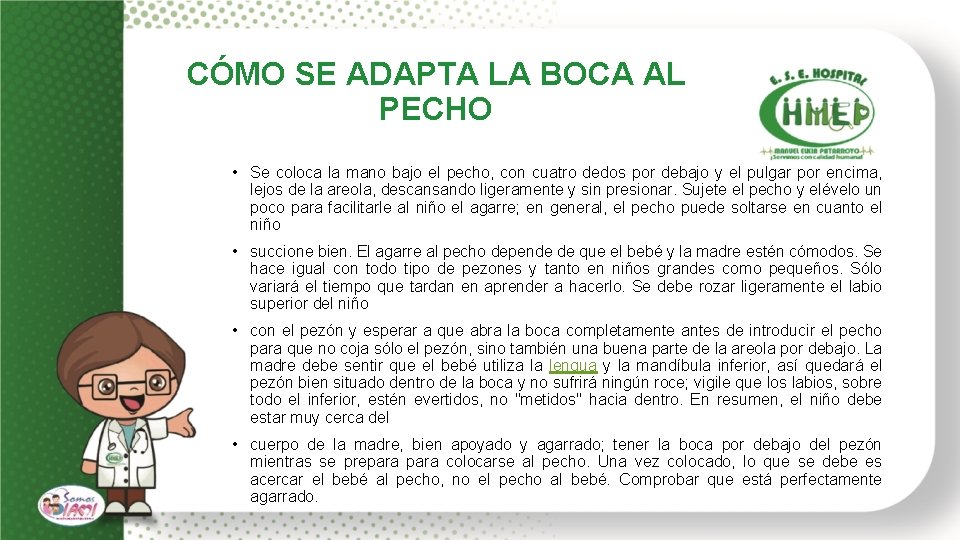 CÓMO SE ADAPTA LA BOCA AL PECHO • Se coloca la mano bajo el