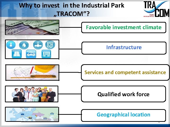 Why to invest in the Industrial Park „TRACOM”? Favorable investment climate Infrastructure Services and