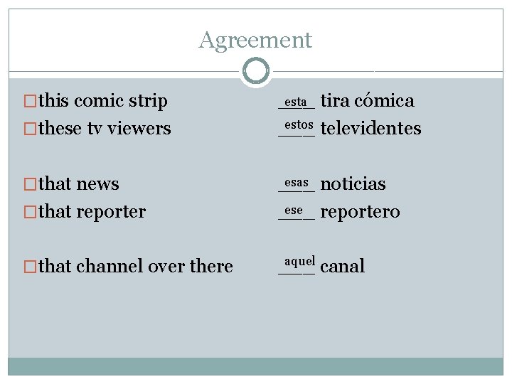 Agreement �this comic strip �these tv viewers �that news esta tira cómica ___ estos