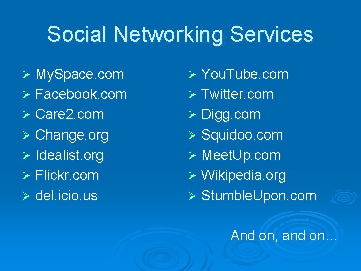 Social Networking Services My. Space. com Ø Facebook. com Ø Care 2. com Ø