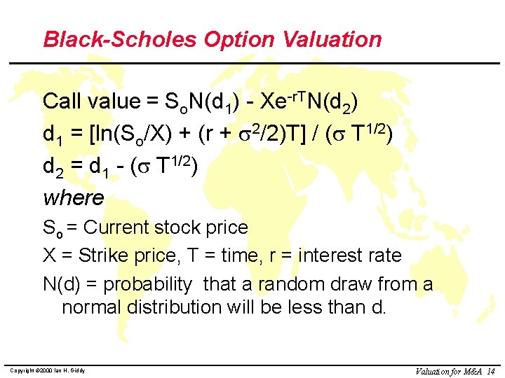 Black-Scholes Option Valuation Call value = So. N(d 1) - Xe-r. TN(d 2) d