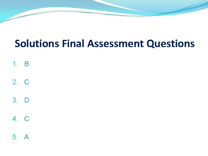 Solutions Final Assessment Questions 1. B 2. C 3. D 4. C 5. A