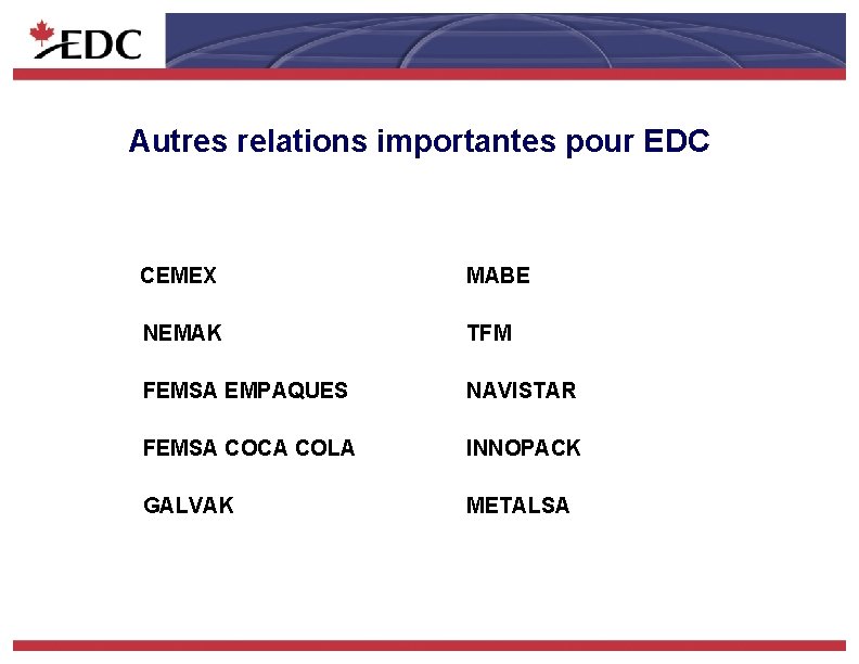 Autres relations importantes pour EDC CEMEX MABE NEMAK TFM FEMSA EMPAQUES NAVISTAR FEMSA COCA