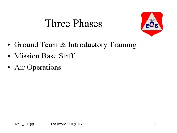 Three Phases • Ground Team & Introductory Training • Mission Base Staff • Air