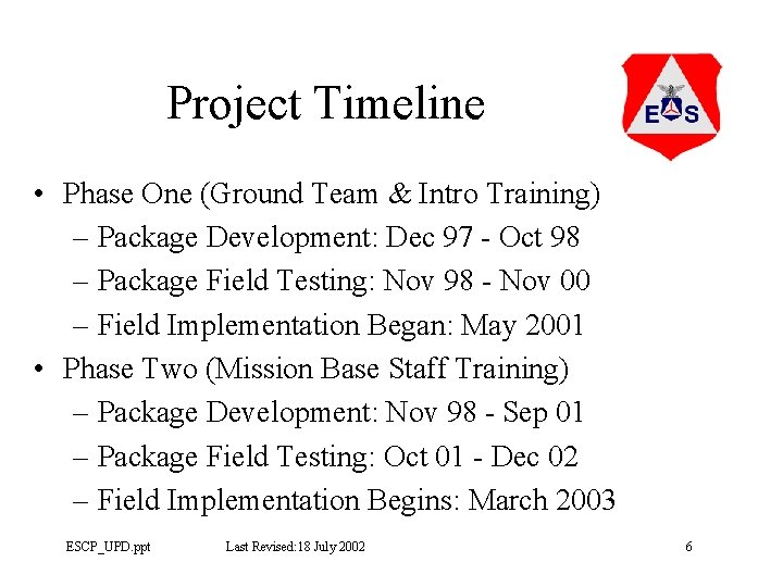 Project Timeline • Phase One (Ground Team & Intro Training) – Package Development: Dec