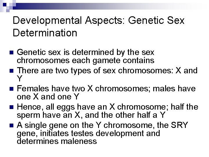Developmental Aspects: Genetic Sex Determination n n Genetic sex is determined by the sex