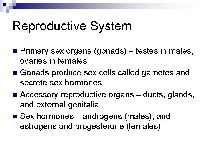 Reproductive System n n Primary sex organs (gonads) – testes in males, ovaries in