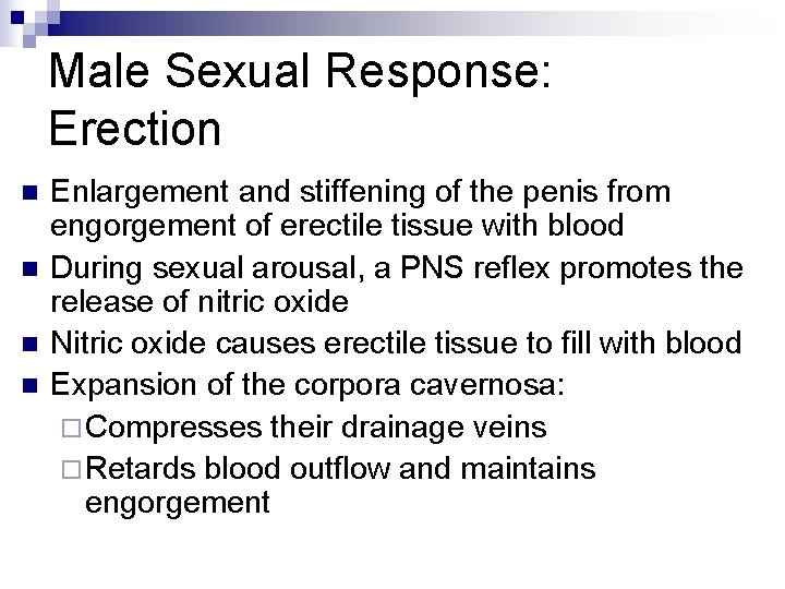 Male Sexual Response: Erection n n Enlargement and stiffening of the penis from engorgement