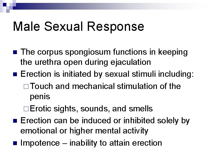 Male Sexual Response n n The corpus spongiosum functions in keeping the urethra open