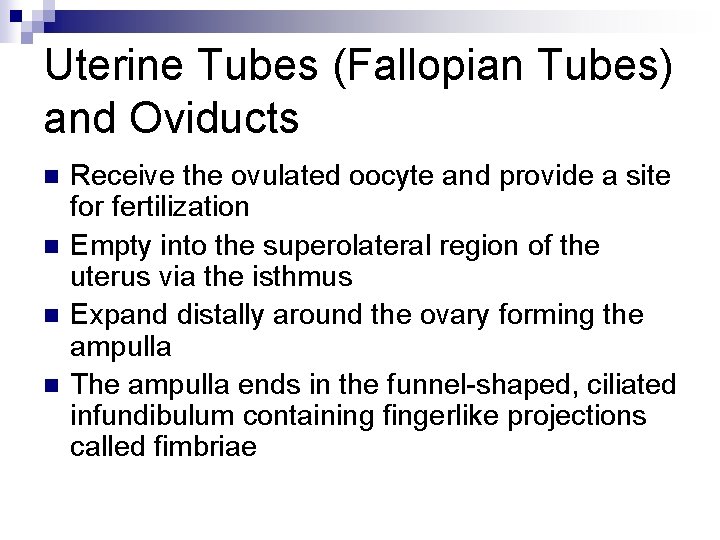 Uterine Tubes (Fallopian Tubes) and Oviducts n n Receive the ovulated oocyte and provide