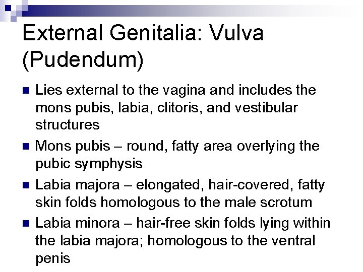 External Genitalia: Vulva (Pudendum) n n Lies external to the vagina and includes the
