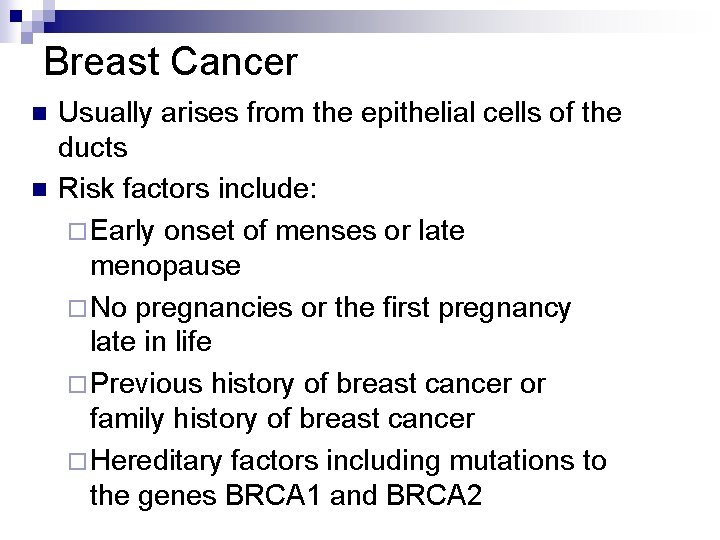 Breast Cancer n n Usually arises from the epithelial cells of the ducts Risk