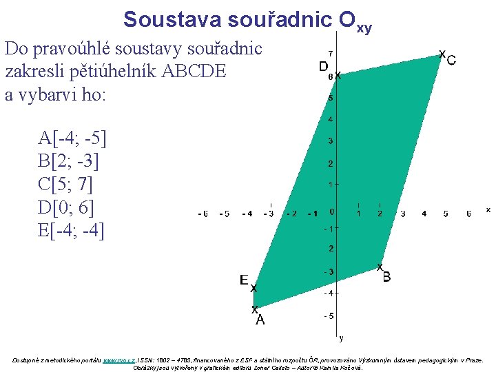 Soustava souřadnic Oxy Do pravoúhlé soustavy souřadnic zakresli pětiúhelník ABCDE a vybarvi ho: A[-4;