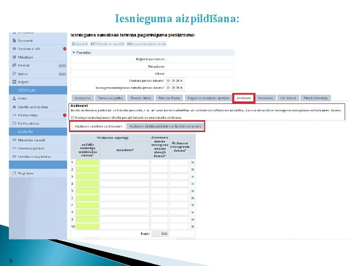 Iesnieguma aizpildīšana: 9 
