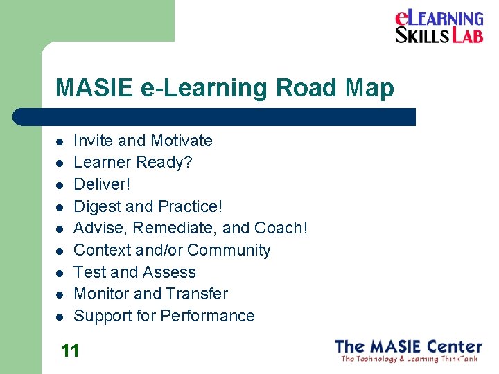 MASIE e-Learning Road Map l l l l l Invite and Motivate Learner Ready?