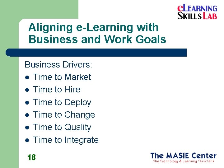 Aligning e-Learning with Business and Work Goals Business Drivers: l Time to Market l