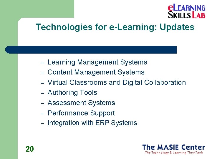 Technologies for e-Learning: Updates – – – – 20 Learning Management Systems Content Management