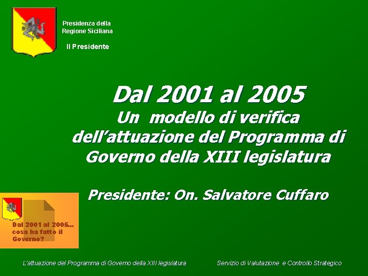 Presidenza della Regione Siciliana Il Presidente Dal 2001 al 2005 Un modello di verifica