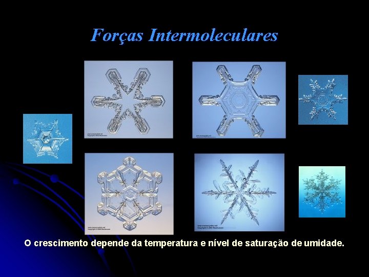 Forças Intermoleculares O crescimento depende da temperatura e nível de saturação de umidade. 