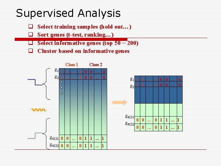 Supervised Analysis q q Select training samples (hold out…) Sort genes (t-test, ranking…) Select