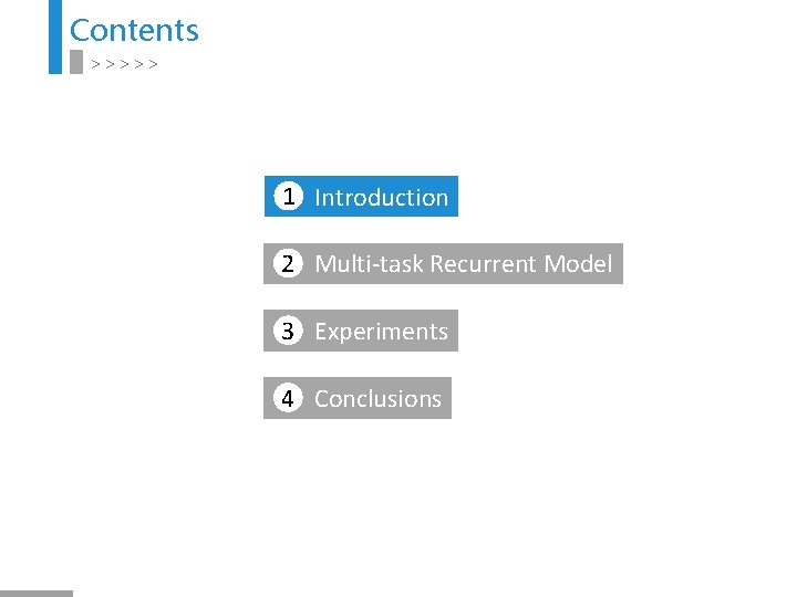 Contents >>>>> 1 Introduction 2 Multi-task Recurrent Model 3 Experiments 4 Conclusions 