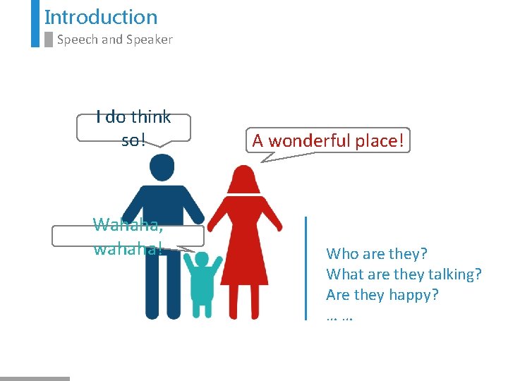 Introduction Speech and Speaker I do think so! Wahaha, wahaha! A wonderful place! Who