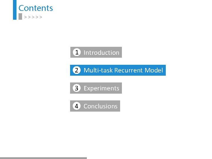 Contents >>>>> 1 Introduction 2 Multi-task Recurrent Model 3 Experiments 4 Conclusions 