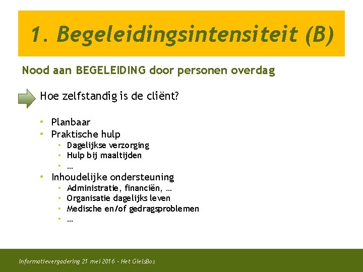 1. Begeleidingsintensiteit (B) Nood aan BEGELEIDING door personen overdag Hoe zelfstandig is de cliënt?