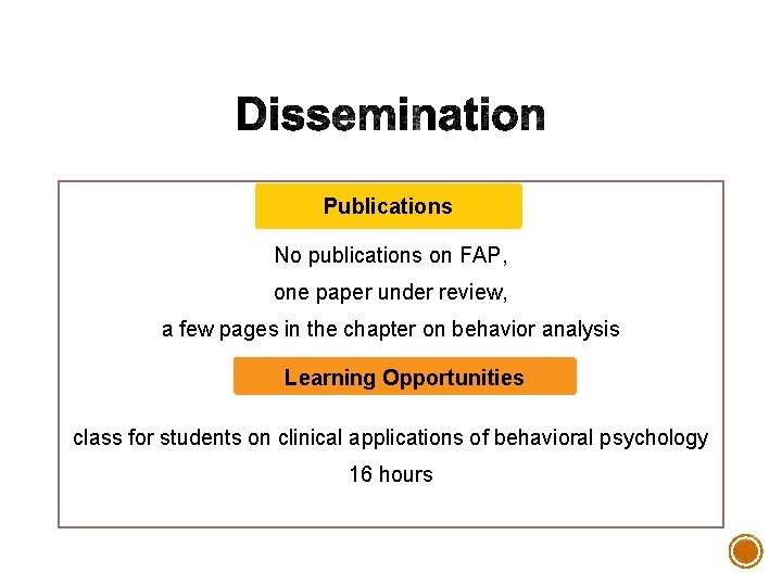 Publications No publications on FAP, one paper under review, a few pages in the