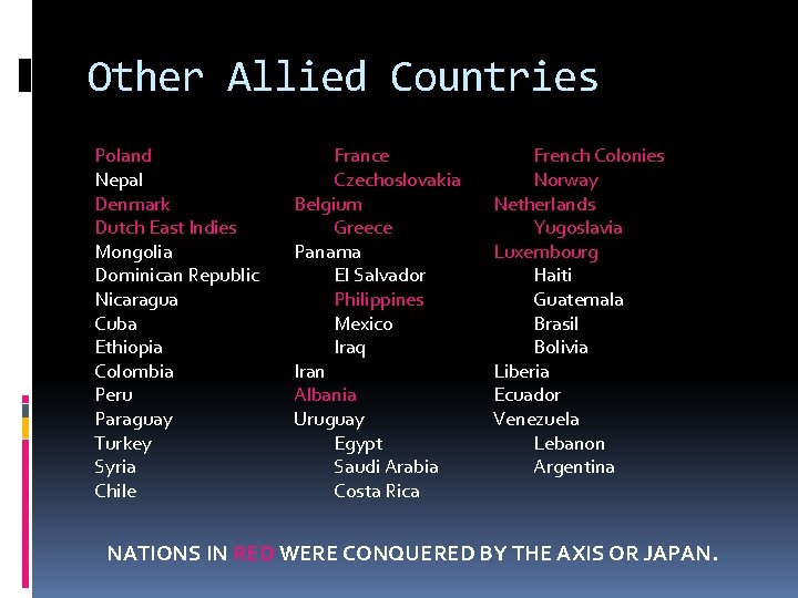 Other Allied Countries Poland Nepal Denmark Dutch East Indies Mongolia Dominican Republic Nicaragua Cuba