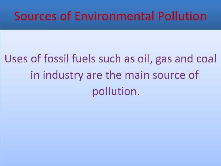 Sources of Environmental Pollution Uses of fossil fuels such as oil, gas and coal