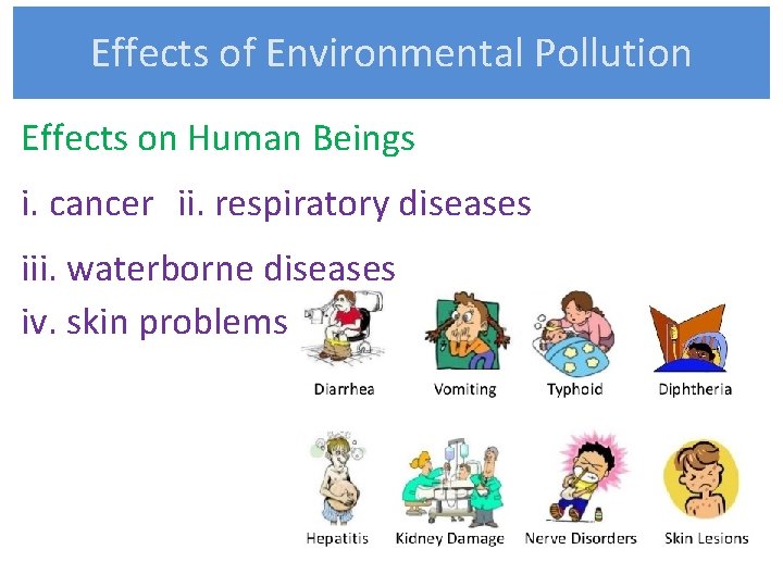 Effects of Environmental Pollution Effects on Human Beings i. cancer ii. respiratory diseases iii.