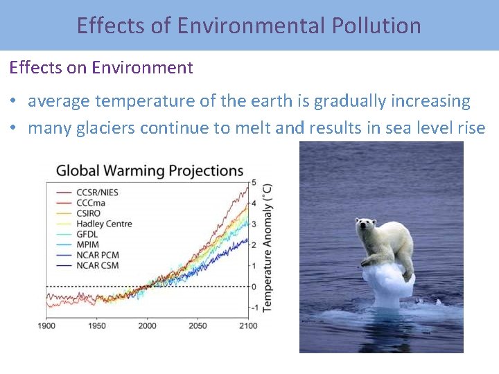 Effects of Environmental Pollution Effects on Environment • average temperature of the earth is