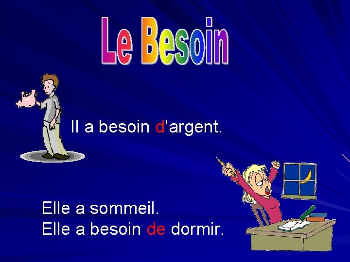 Il a besoin d’argent. Elle a sommeil. Elle a besoin de dormir. 