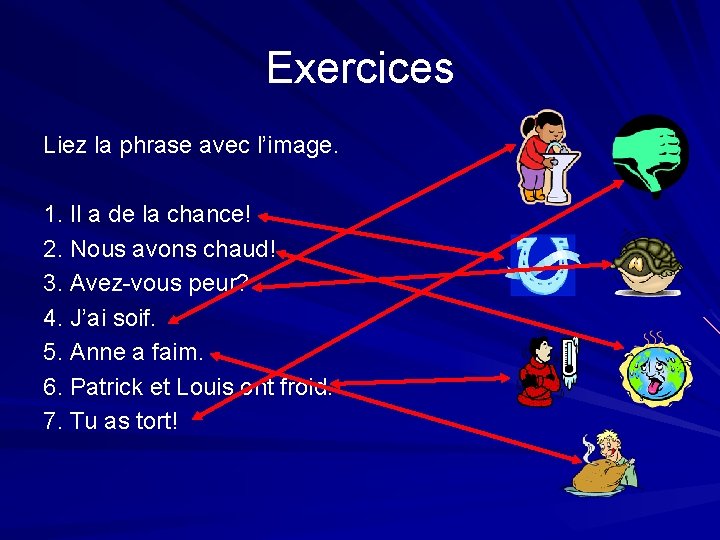 Exercices Liez la phrase avec l’image. 1. Il a de la chance! 2. Nous