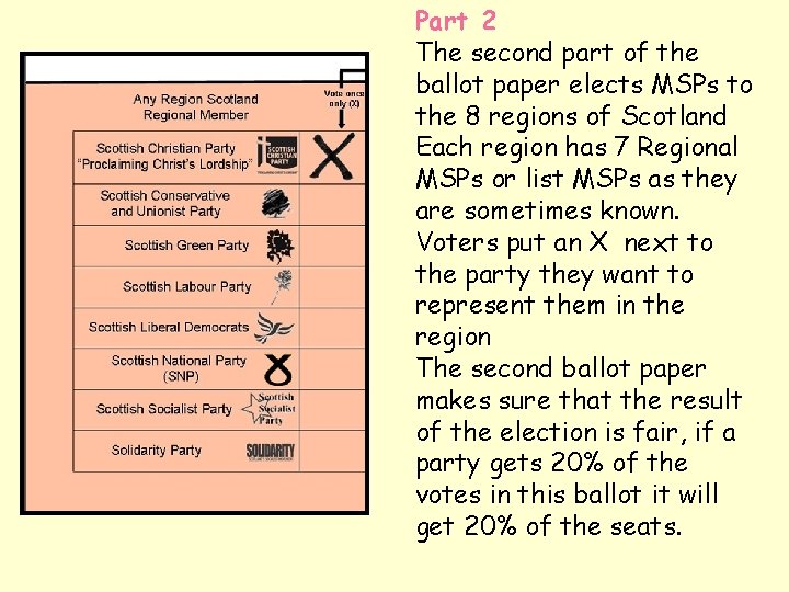 Part 2 The second part of the ballot paper elects MSPs to the 8