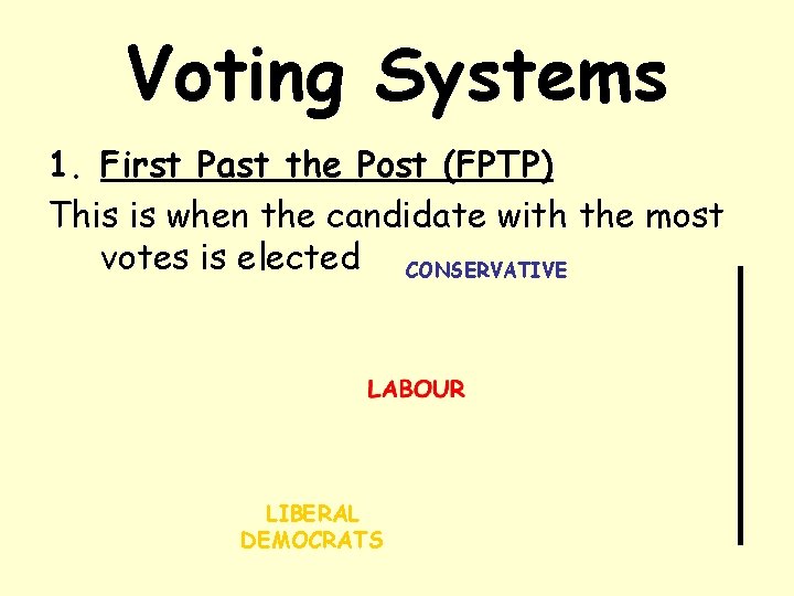 Voting Systems 1. First Past the Post (FPTP) This is when the candidate with