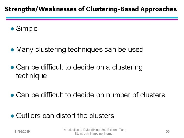 Strengths/Weaknesses of Clustering-Based Approaches l Simple l Many clustering techniques can be used l