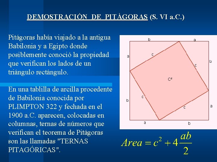 DEMOSTRACIÓN DE PITÁGORAS (S. VI a. C. ) Pitágoras había viajado a la antigua