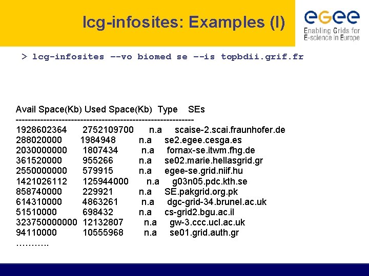 lcg-infosites: Examples (I) > lcg-infosites –-vo biomed se –-is topbdii. grif. fr Avail Space(Kb)