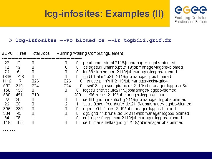 lcg-infosites: Examples (II) > lcg-infosites –-vo biomed ce –-is topbdii. grif. fr lcg-infosites --vo