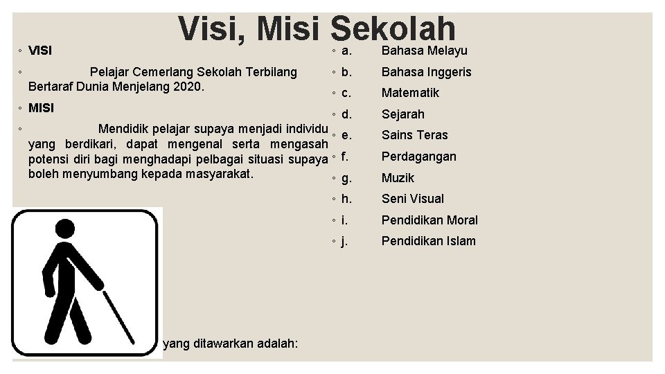 ◦ VISI ◦ Visi, Misi Sekolah Pelajar Cemerlang Sekolah Terbilang Bertaraf Dunia Menjelang 2020. ◦ VISI ◦ Visi, Misi Sekolah Pelajar Cemerlang Sekolah Terbilang Bertaraf Dunia Menjelang 2020.