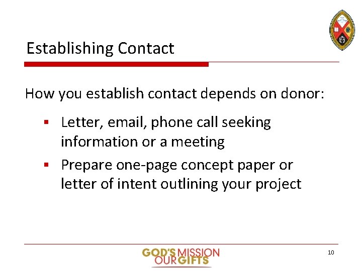 Establishing Contact How you establish contact depends on donor: Letter, email, phone call seeking