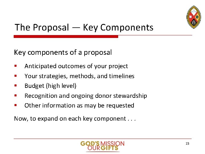 The Proposal — Key Components Key components of a proposal § § § Anticipated