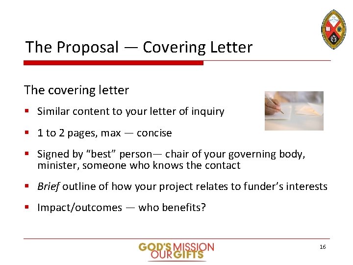 The Proposal — Covering Letter The covering letter § Similar content to your letter
