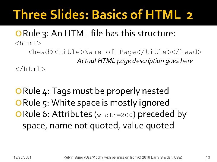 Three Slides: Basics of HTML 2 Rule 3: An HTML file has this structure: