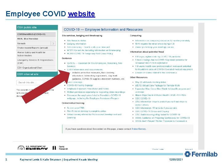 Employee COVID website 2 Raymond Lewis & Katie Swanson | Department Heads Meeting 12/30/2021