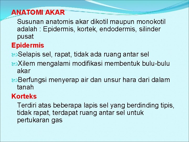 ANATOMI AKAR Susunan anatomis akar dikotil maupun monokotil adalah : Epidermis, kortek, endodermis, silinder