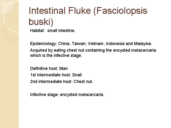 Intestinal Fluke (Fasciolopsis buski) Habitat: small intestine. Epidemiology: China, Taiwan, Vietnam, Indonesia and Malaysia.